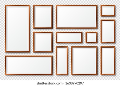 Realistic blank wooden picture frames collection. Modern poster mockup. Empty photo frame with texture of wood. Art gallery. Vector illustration.