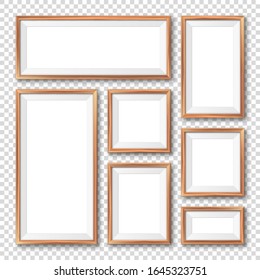 Realistic blank wooden picture frames collection. Modern poster mockup. Empty photo frame with texture of wood. Art gallery. Vector illustration.