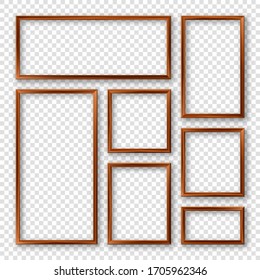 Realistic blank wooden picture frames collection. Modern poster mockup. Empty photo frame with texture of wood. Vector illustration.