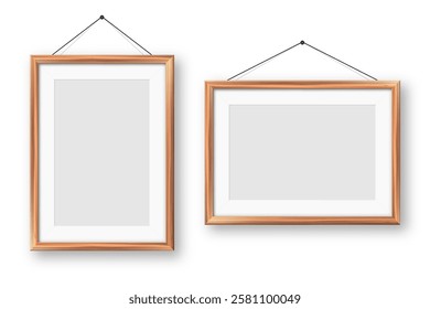 Realistic blank wooden picture frames collection. Modern poster mockup for artwork, photography, or advertising. Perfect for art galleries, interior decor, and branding. Vector illustration