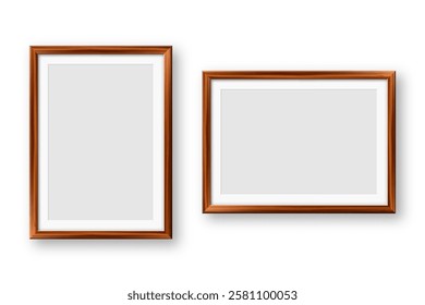 Realistic blank wooden picture frames collection. Modern poster mockup for artwork, photography, or advertising. Perfect for art galleries, interior decor, and branding. Vector illustration