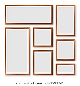 Realistic blank wooden picture frames collection. Modern poster mockup for artwork, photography, or advertising. Perfect for art galleries, interior decor, and branding. Vector illustration