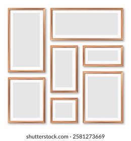 Realistic blank wooden picture frames collection. Modern poster mockup for artwork, photography, or advertising. Perfect for art galleries, interior decor, and branding. Vector illustration