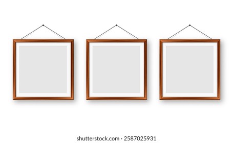 Realistic blank wooden picture frames collection. Modern poster mockup for artwork, photography, or advertising. Perfect for art galleries, interior decor, and branding. Vector illustration