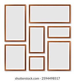 Realistic blank wooden picture frames collection. Modern poster mockup for artwork, photography, or advertising. Perfect for art galleries, interior decor, and branding. Vector illustration
