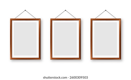 Realistic blank wooden picture frames collection. Modern poster mockup for artwork, photography, or advertising. Perfect for art galleries, interior decor, and branding. Vector illustration