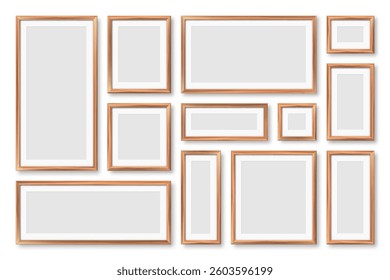 Realistic blank wooden picture frames collection. Modern poster mockup for artwork, photography, or advertising. Perfect for art galleries, interior decor, and branding. Vector illustration