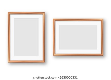Realistic blank wooden picture frames collection. Modern poster mockup for artwork, photography, or advertising. Perfect for art galleries, interior decor, and branding. Vector illustration