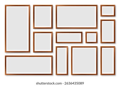 Realistic blank wooden picture frames collection. Modern poster mockup for artwork, photography, or advertising. Perfect for art galleries, interior decor, and branding. Vector illustration
