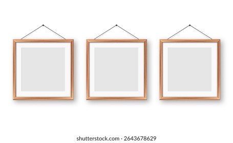 Realistic blank wooden picture frames collection. Modern poster mockup for artwork, photography, or advertising. Perfect for art galleries, interior decor, and branding. Vector illustration