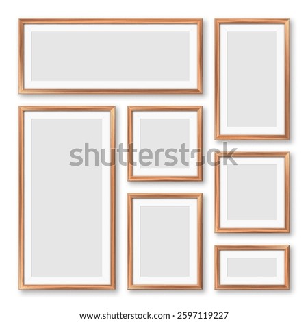 Realistic blank wooden picture frames collection. Modern poster mockup for artwork, photography, or advertising. Perfect for art galleries, interior decor, and branding. Vector illustration