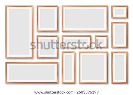Realistic blank wooden picture frames collection. Modern poster mockup for artwork, photography, or advertising. Perfect for art galleries, interior decor, and branding. Vector illustration
