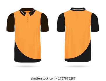 Realistic blank yellow and black shirt mockup from front and back view. Men's fashion apparel with collar and buttons and modern design - isolated vector illustration.