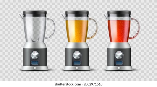 Realistic blender. Detox drinks maker, 3d isolated smoothies appliance, ground fruit, natural juices, kitchen electric mixers with orange and red liquid, vector isolated