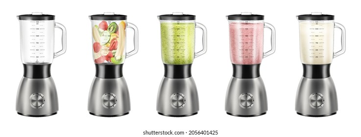 Realistic blender. Electric kitchen machine for blend smoothie. Steel mixer empty and with different types fruit detox smoothies. cooking food electronics equipment, kitchenware device. Isolated 3d ve