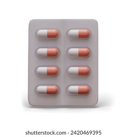 Realistic blister with capsules in white and red colors. Medicines and prescription pills