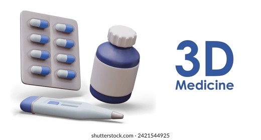 Realistic blister pack with blue capsules, electronic thermometer, bottle with blank label