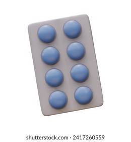 Realistic blister pack with round blue pills. Vector image of medicine. Isolated illustration on white background. Mockup for web design of medical sites, applications