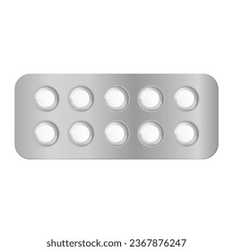 Blister realista con comprimidos, pastillas. Medicamentos médicos vectoriales aislados de fondo blanco