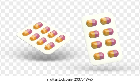 Realistic blisters with colored capsules. Glossy medicine packaging. Oval tablets. Dosed medications. Isolated images, view from different sides. Medical drugs icon. Vector concept for web design