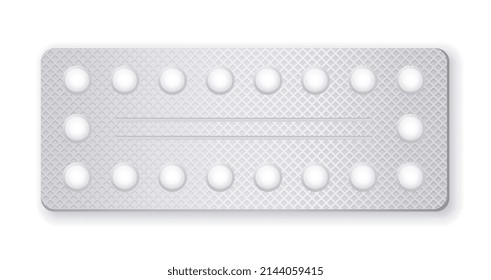 Realistic blisters set. Collection of small medicines, pharmaceutics and first aid kit inventory. Emergency treatment, stomach problems, medical poster. Realistic isometric vector illustration