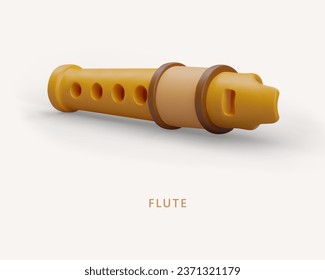 Realistic block flute. Folk wind musical instrument with mouthpiece. Woodwind group. Color vector poster for web design. Music school ad template, place for text