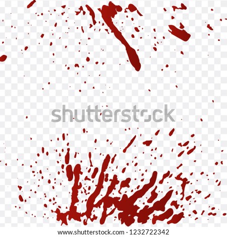 Realistic blood splatters and blood drops vector set. Splash red ink. vector illustration isolated on transparent background.