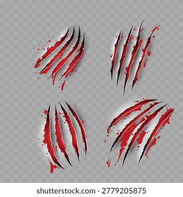 Realistic Bloody Claw Scratch Marks Set. Vector Torn Paper or Flesh Effect with Red Blood Splatters.