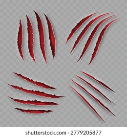 Realistic Bloody Claw Scratch Marks Set. Vector Torn Paper or Flesh Effect with Red Blood Splatters.
