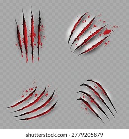 Realistic Bloody Claw Scratch Marks Set. Vector Torn Paper or Flesh Effect with Red Blood Splatters.