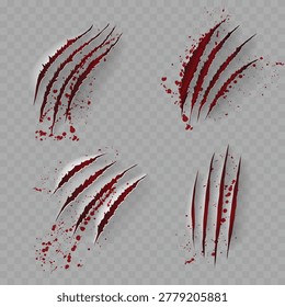 Realistic Bloody Claw Scratch Marks Set. Vector Torn Paper or Flesh Effect with Red Blood Splatters.