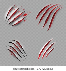 Realistic Bloody Claw Scratch Marks Set. Vector Torn Paper or Flesh Effect with Red Blood Splatters.