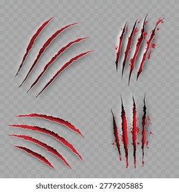 Realistic Bloody Claw Scratch Marks Set. Vector Torn Paper or Flesh Effect with Red Blood Splatters.