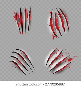 Realistic Bloody Claw Scratch Marks Set. Vector Torn Paper or Flesh Effect with Red Blood Splatters.