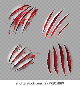 Realistic Bloody Claw Scratch Marks Set. Vector Torn Paper or Flesh Effect with Red Blood Splatters.
