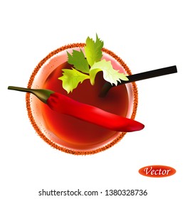 Realistic Bloody Mary cocktail and red chilli isolated on white background. Colorful vector drawing - view from above. Design for paper, baners, t-shirts, logos and more.