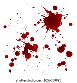 Realistic bloody splatters. Drop and blob of blood. Bloodstains. Vector illustration isolated on white background. Red puddles