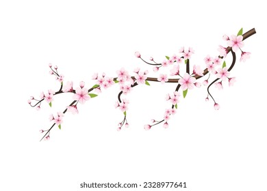 Realistic blooming cherry flowers and petals illustration,cherry blossom vector. pink sakura flower background. cherry blossom flower blooming vector