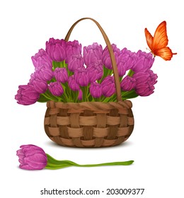 Realistic blossoming tulip flowers in basket with red butterfly isolated on white background vector illustration