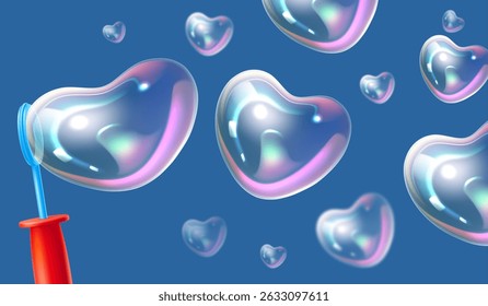 Realistic blown air soap bubbles in shape of heart. Symbol love. Shampoo or gel suds balls blowing. Soapy iridescent 3D spheres. Detergent froth shine. Plastic blower stick. Vector romantic background