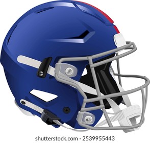 Capacete de futebol americano 3D azul realista com faixa vermelha. Máscara cinzenta com cinta do queixo