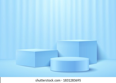 Abstrakte Würfel & Rundschau für Produkte auf der Website in modern. Hintergrund-Rendering mit Podium und minimale hellblaue Texturwandszene, 3D-Rendering geometrischen Form hellblauen Farbe. Vektor EPS10
