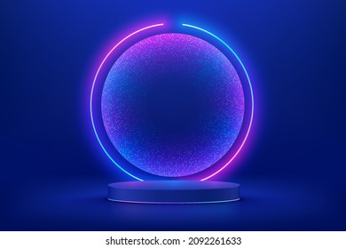 Realistic blue 3d cylinder pedestal podium in Sci-fi dark blue abstract room with illuminate circle neon lamp and shiny glitter in window. Vector rendering product display. Futuristic minimal scene.