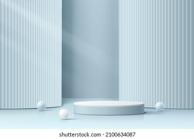 Realistic blue 3D cylinder pedestal podium with vertical pillar layers background. Minimal scene for products showcase, Promotion display. Vector abstract studio room platform design. Stage showcase.