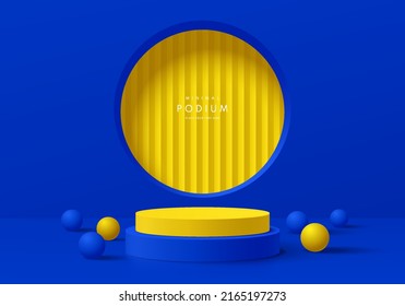 Realistic blue 3D cylinder pedestal podium with yellow window circle shape background and yellow balls. Abstract minimal scene for mockup products display, stage for showcase. Vector geometric forms.