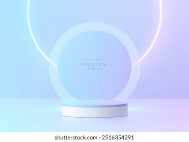 Fondo de podio cilíndrico 3D azul realista con luz de neón, escena de pared de fondo de círculo. Pedestal de maqueta minimalista, presentación Abstractas del producto, escaparate del escenario. Diseño de Vector de plataformas.
