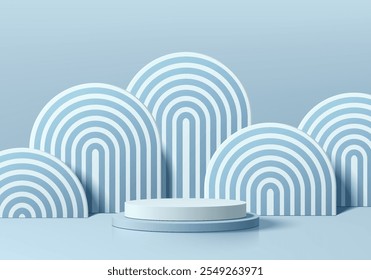 Realistic blue 3D cylindrical podium background with many arch backdrop wall scene. Minimalist mockup pedestal. Abstract luxury product display presentation, Stage showcase. Platforms vector design.