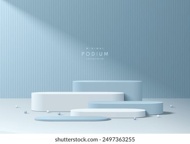 Realistic blue 3D round podium set background with beads ball, Window light scene. Minimalist mockup pedestal, Abstract product display presentation, Stage showcase. Platforms vector geometric design.