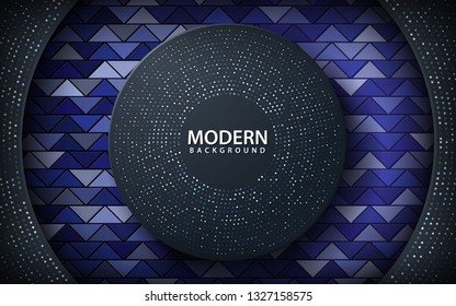 Realistic blue abstract background. Circle shape and circle papercut with silver glitters on triangle pattern background. 3d backdrop. vector illsutration.