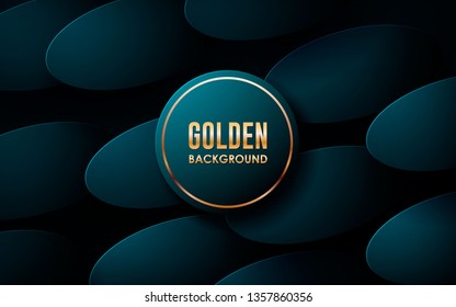 Realistic blue abstract background. Modern shape with golden line on circle decoration. 3D backdrop.